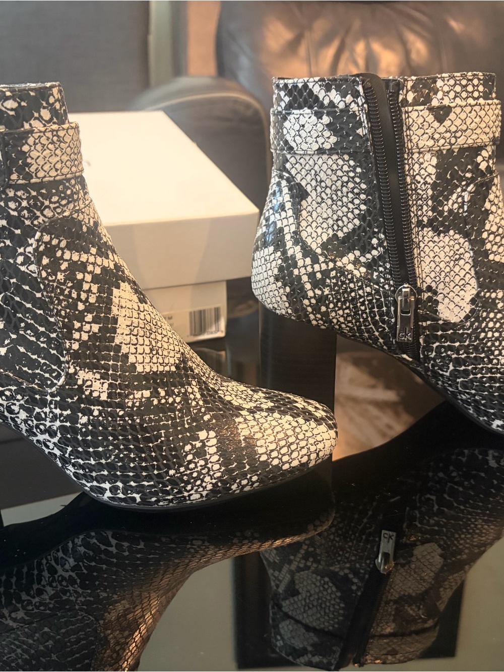 Calvin Klein Black & White Snake-Print Ankle Booties with Block Heel